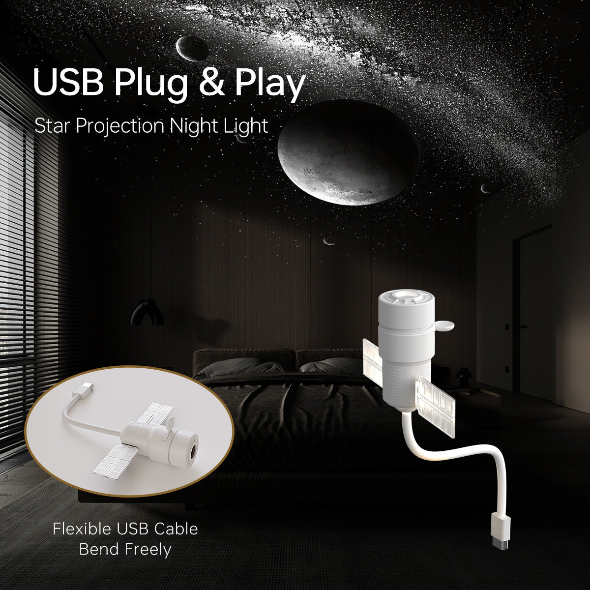 USB Star Projector Night Light, 360 Rotatable Space Satellite Galaxy Projection Lamp With Flexible Bendable USB Cable, LED Starry Sky Projector For Bedroom Living Room Home Party Decor, Kids Gift