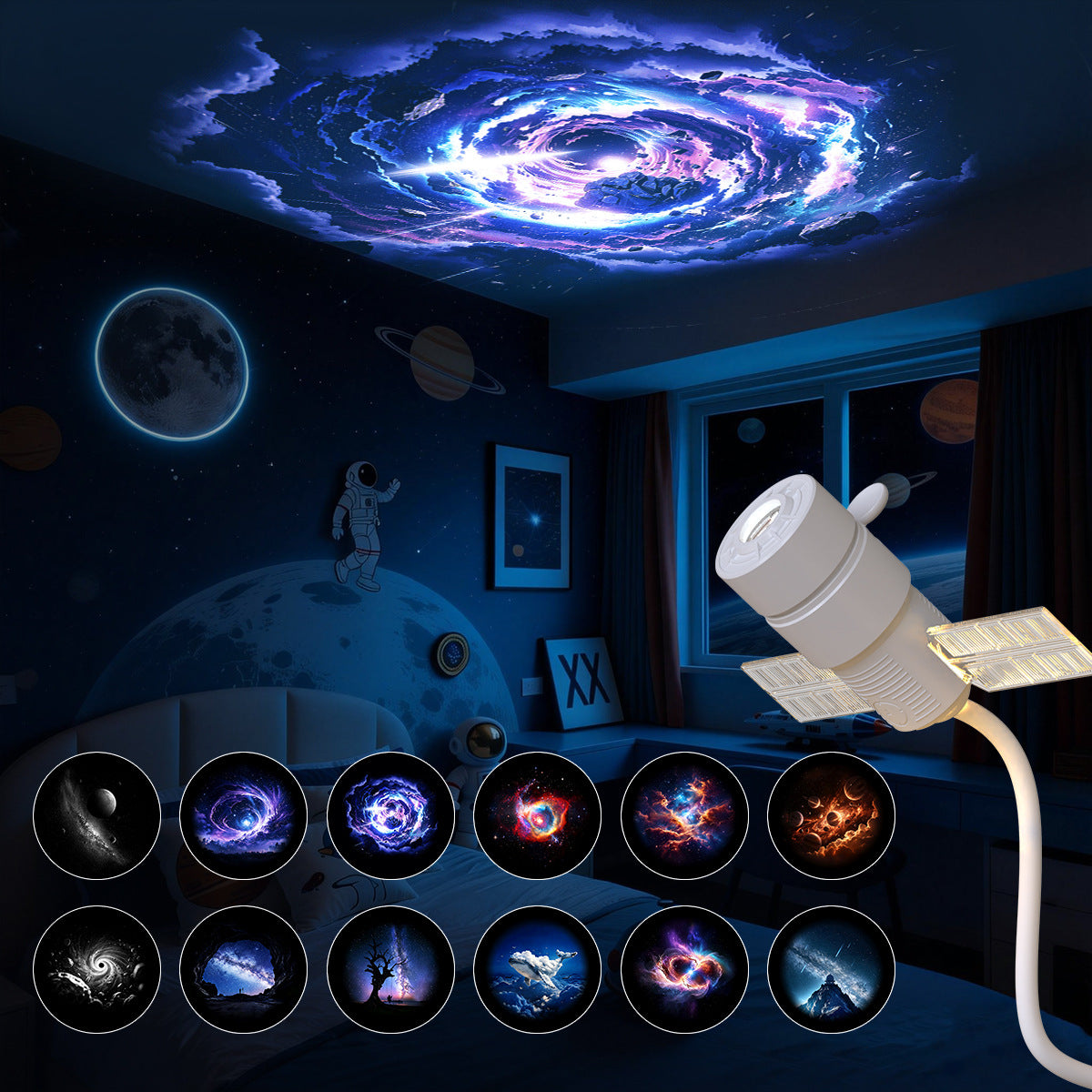 USB Star Projector Night Light, 360 Rotatable Space Satellite Galaxy Projection Lamp With Flexible Bendable USB Cable, LED Starry Sky Projector For Bedroom Living Room Home Party Decor, Kids Gift