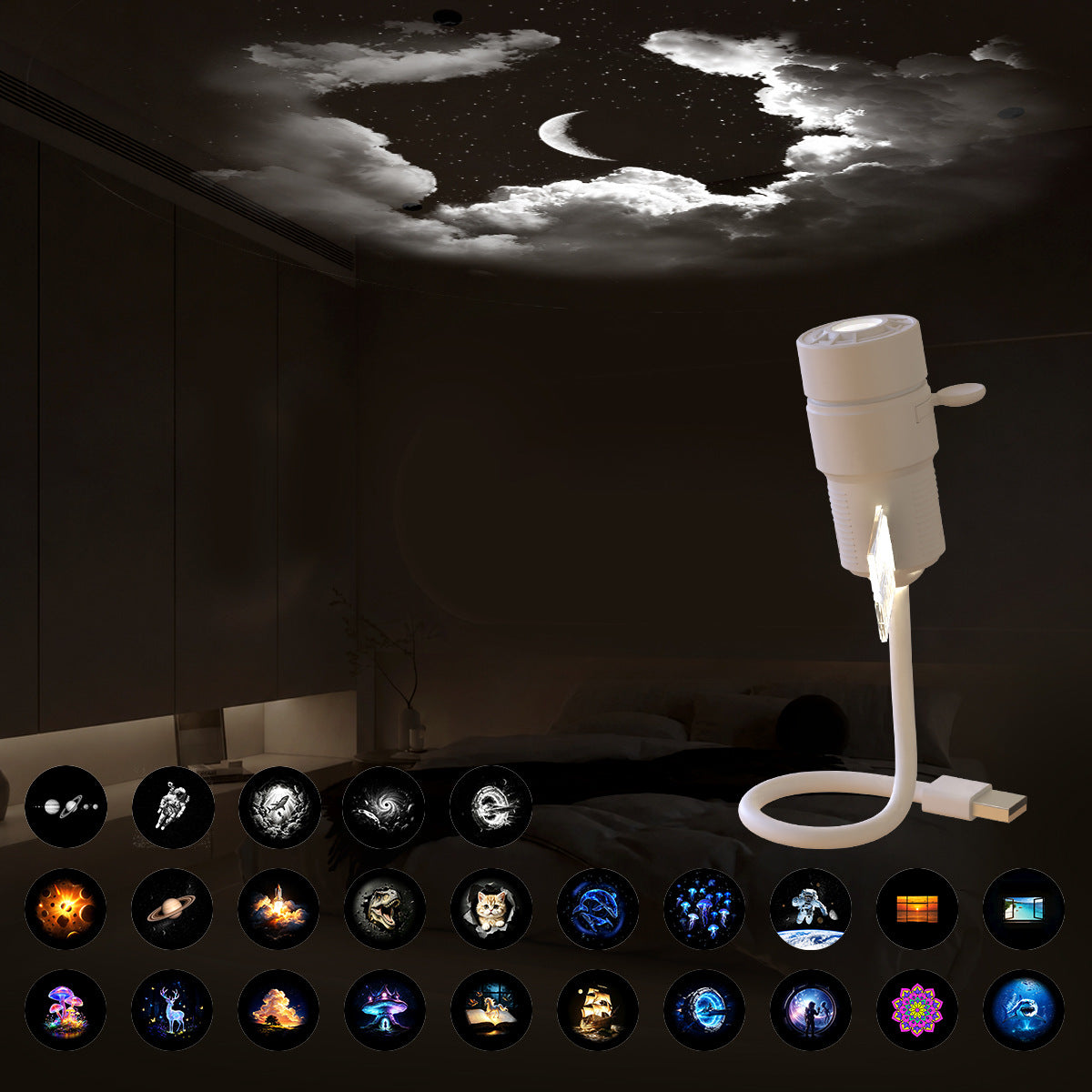 USB Star Projector Night Light, 360 Rotatable Space Satellite Galaxy Projection Lamp With Flexible Bendable USB Cable, LED Starry Sky Projector For Bedroom Living Room Home Party Decor, Kids Gift
